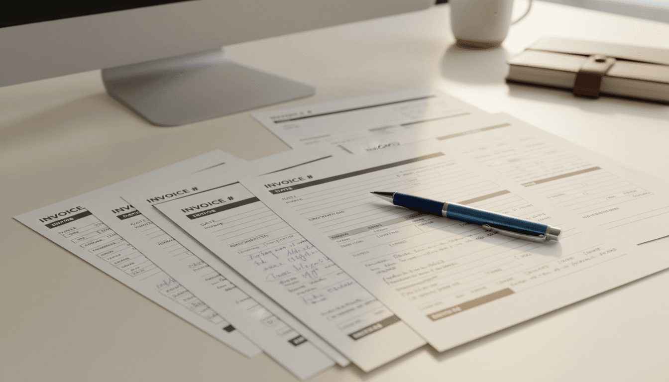 Organized business invoicing and financial records laid out on desk