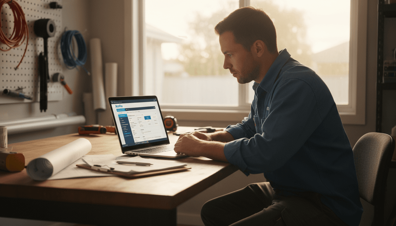 Tradie reviewing business software on laptop at home office desk