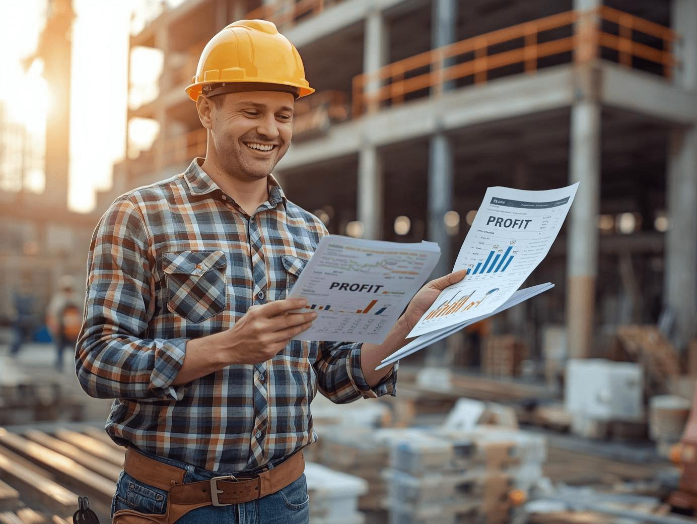 Smiling construction worker in a yellow hard hat reviews profit reports at a construction site.